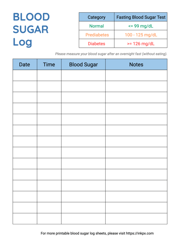Free Printable Colorful Fasting Blood Sugar Log Sheet (Big Space, Elder-Friendly)