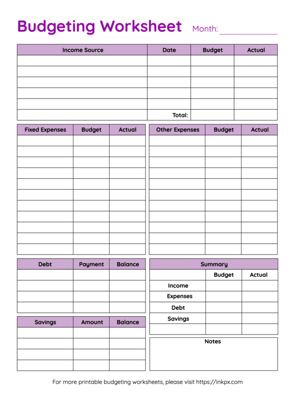 Free Printable Colorful Table Style Monthly Budget Worksheet Template