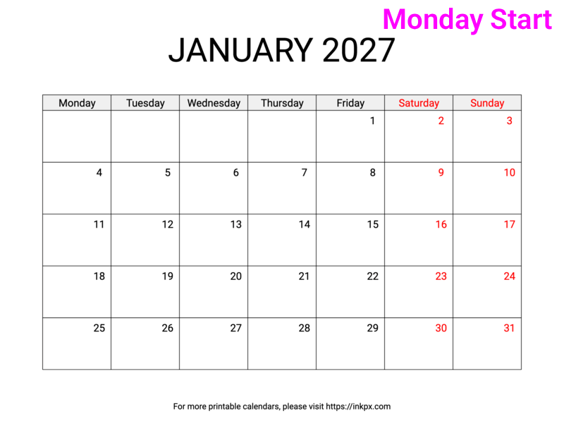 Free Printable Weekend Highlighted January 2027 Calendar (Monday Start)