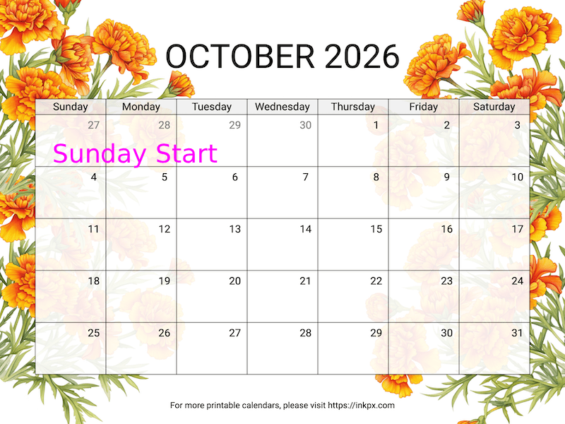 Free Printable Marigold October 2026 Calendar (Sunday Start)