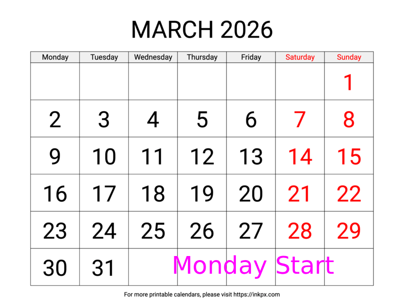 Free Printable Large Weekend Highlighted March 2026 Calendar (Monday Start)