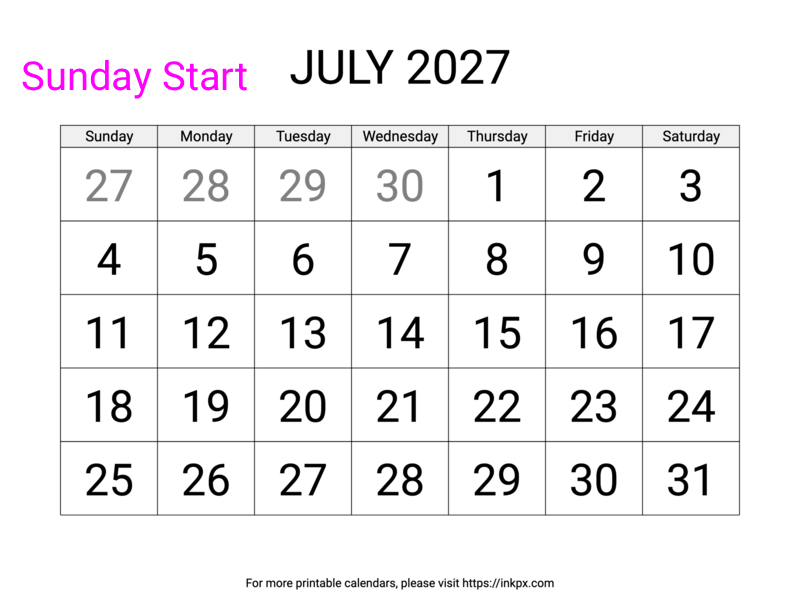 Free Printable Large Font July 2027 Calendar (Sunday Start)