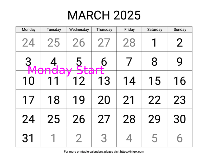 Free Printable Large March 2025 Calendar (Monday Start)