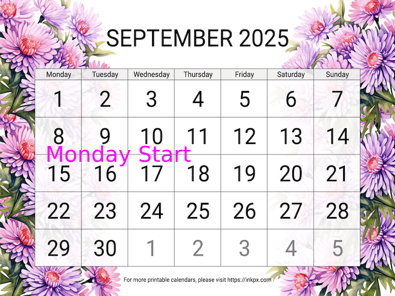 Free Printable Large Aster September 2025 Calendar (Monday Start)