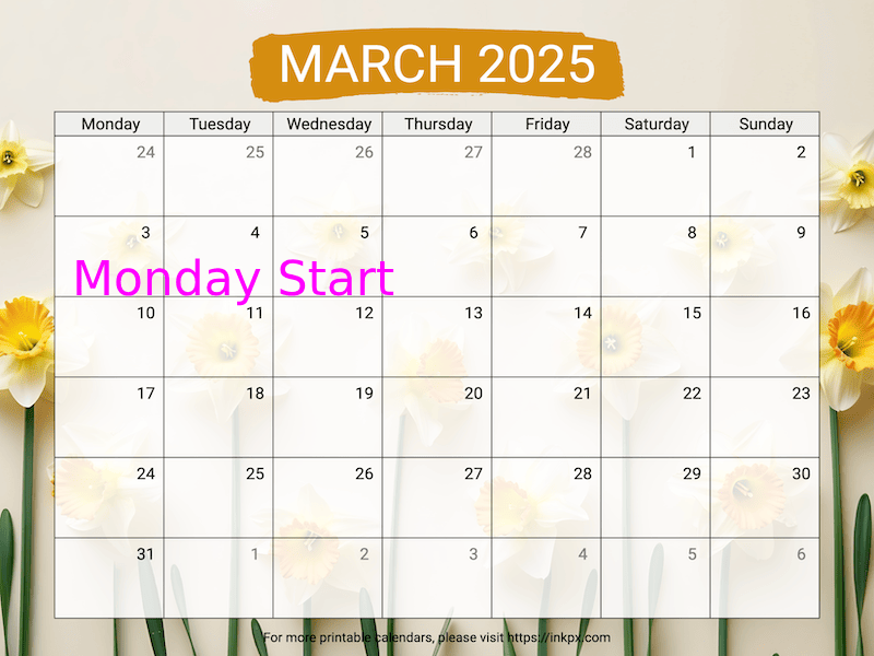 Free Printable Daffodil Background March 2025 Calendar (Monday Start)