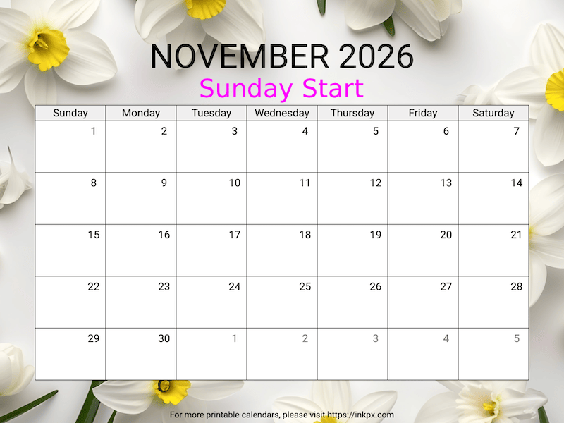 Free Printable Narcissus November 2026 Calendar (Sunday Start)