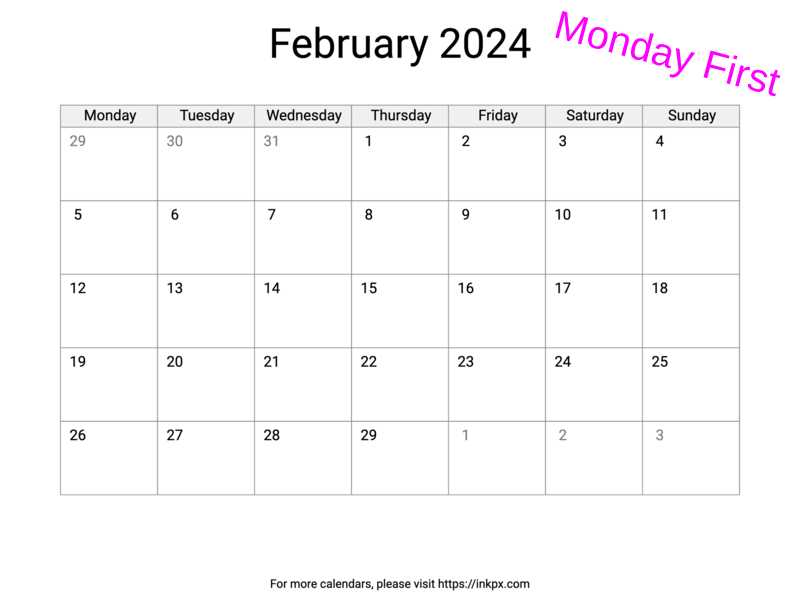 Printable Blank February 2024 Calendar (Monday First)