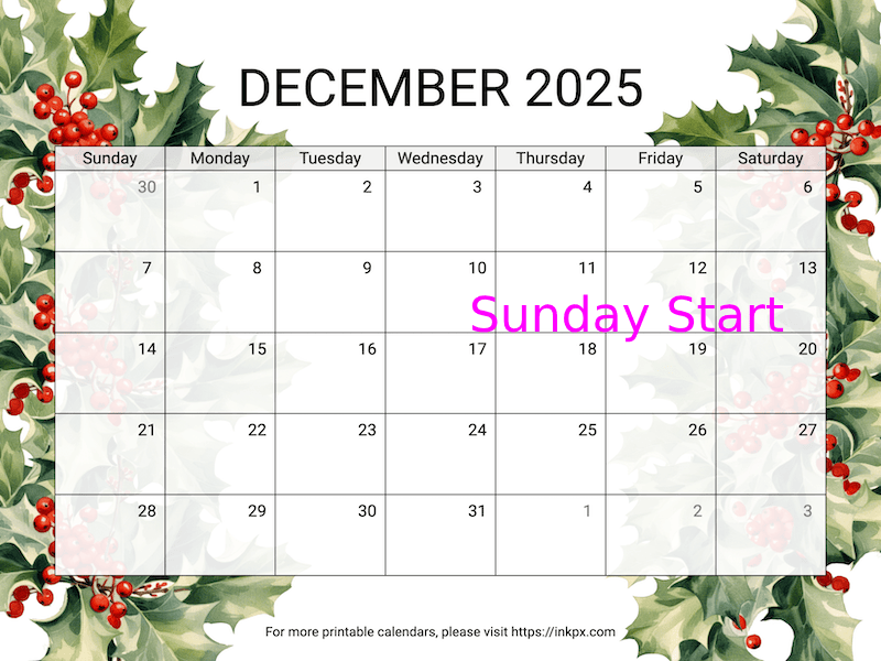 Free Printable Holly December 2025 Calendar (Sunday Start)