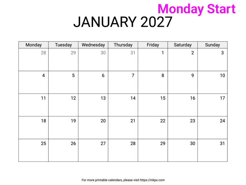 Free Printable Simple January 2027 Calendar (Monday Start)