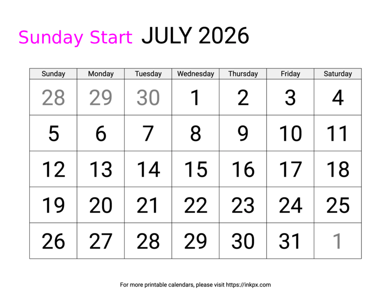 Free Printable Large July 2026 Calendar (Sunday Start)
