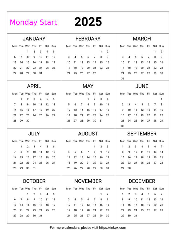 Free Printable Minimalist Table 2025 Calendar (Monday Start)