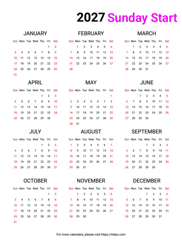Free Printable Weekend Highlight 2027 Calendar (Sunday Start)