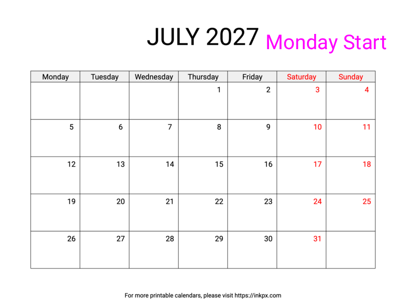Free Printable Weekend Highlighted July 2027 Calendar (Monday Start)