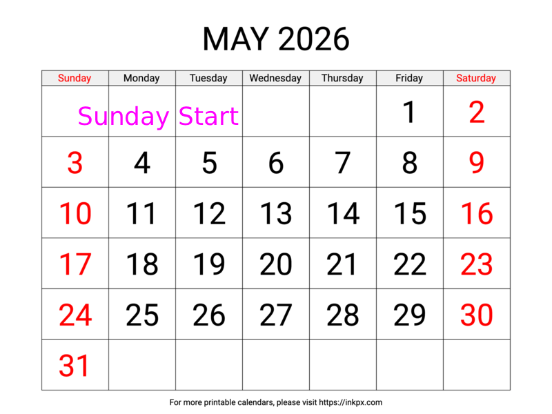 Free Printable Large Weekend Highlighted May 2026 Calendar (Sunday Start)