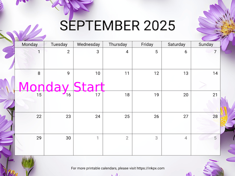 Free Printable Aster Background September 2025 Calendar (Monday Start)