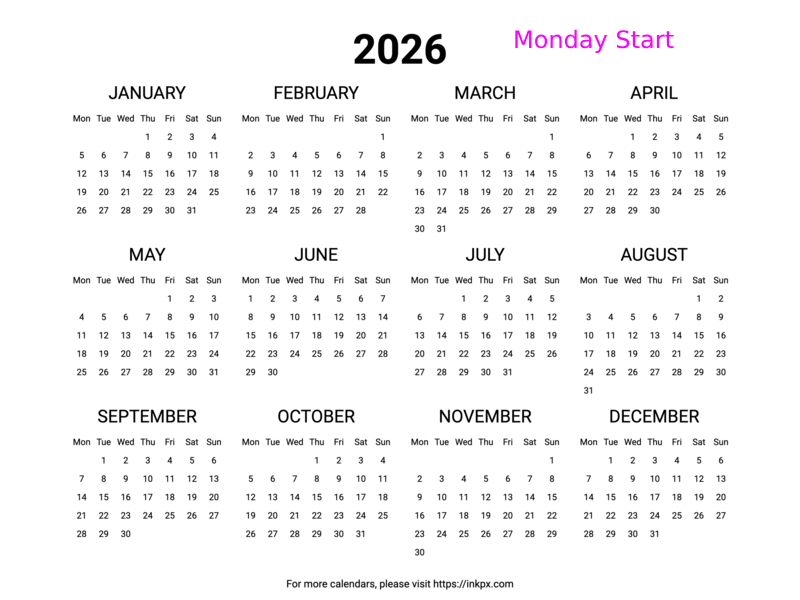 Free Printable Minimalist 2026 Yearly Calendar (Landscape, Monday Start)