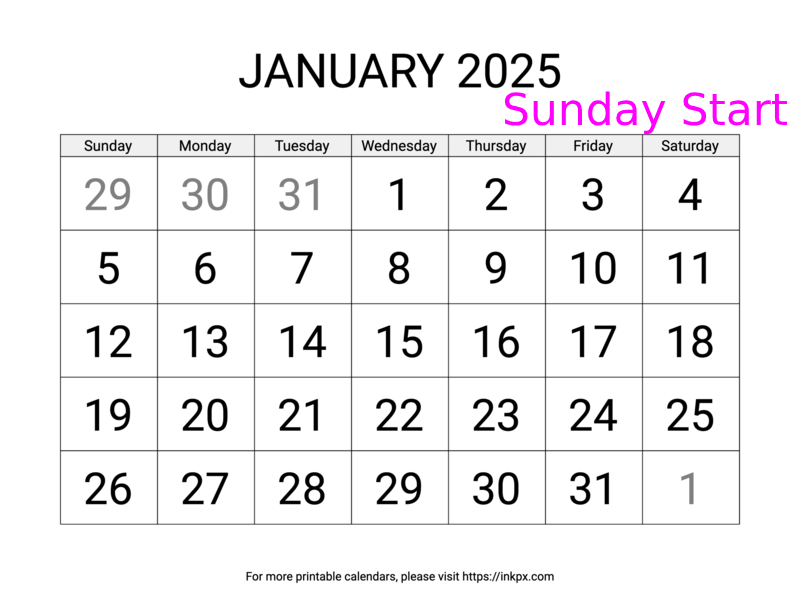 Free Printable Large Font January 2025 Calendar (Sunday Start)