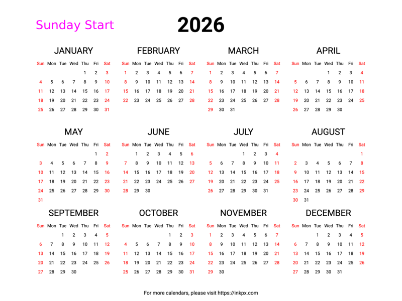 Free Printable Weekend Highlight 2026 Calendar (Landscape, Sunday First)