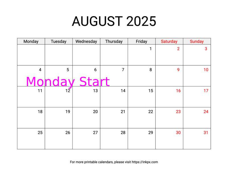 Free Printable Weekend Highlighted August 2025 Calendar (Monday Start)