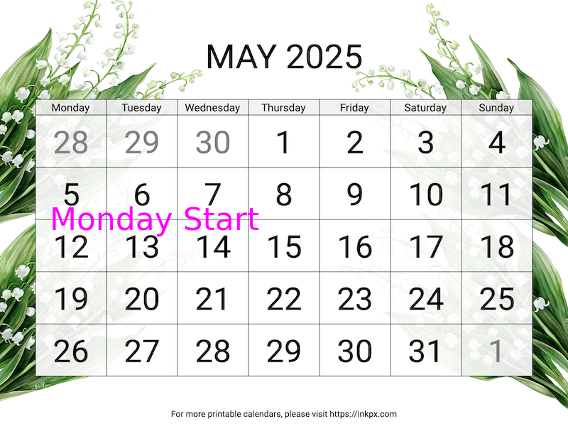 Free Printable Large Lily of the Valley May 2025 Calendar (Monday Start)