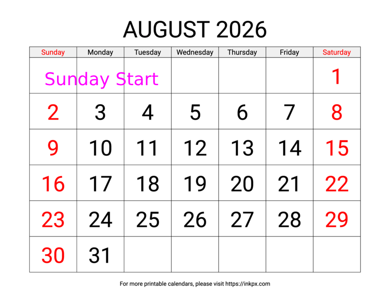 Free Printable Large Weekend Highlighted August 2026 Calendar (Sunday Start)