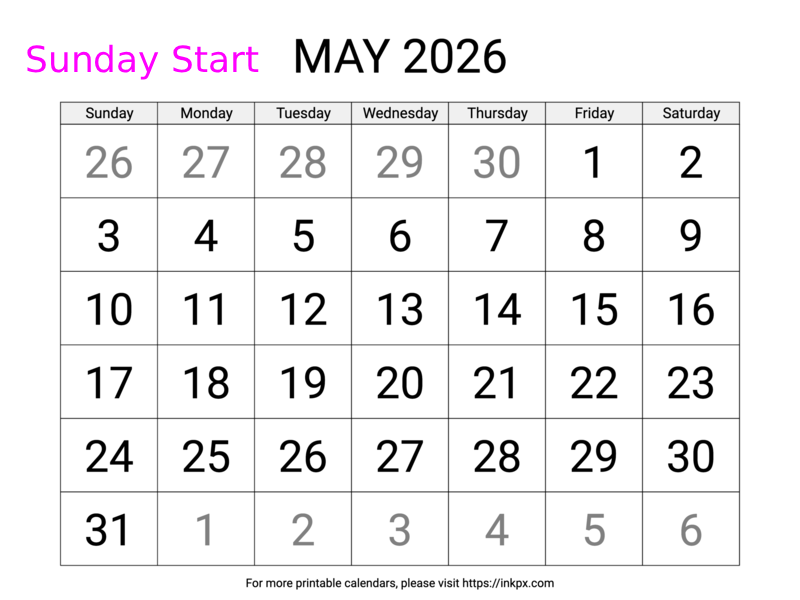 Free Printable Large May 2026 Calendar (Sunday Start)