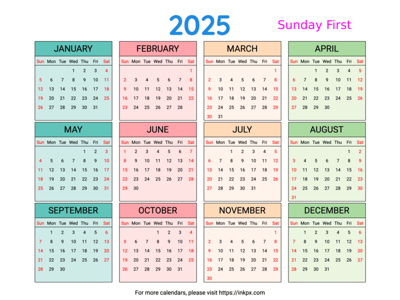 Free Printable Weekend Highlight Colorful 2025 Calendar (landscape 