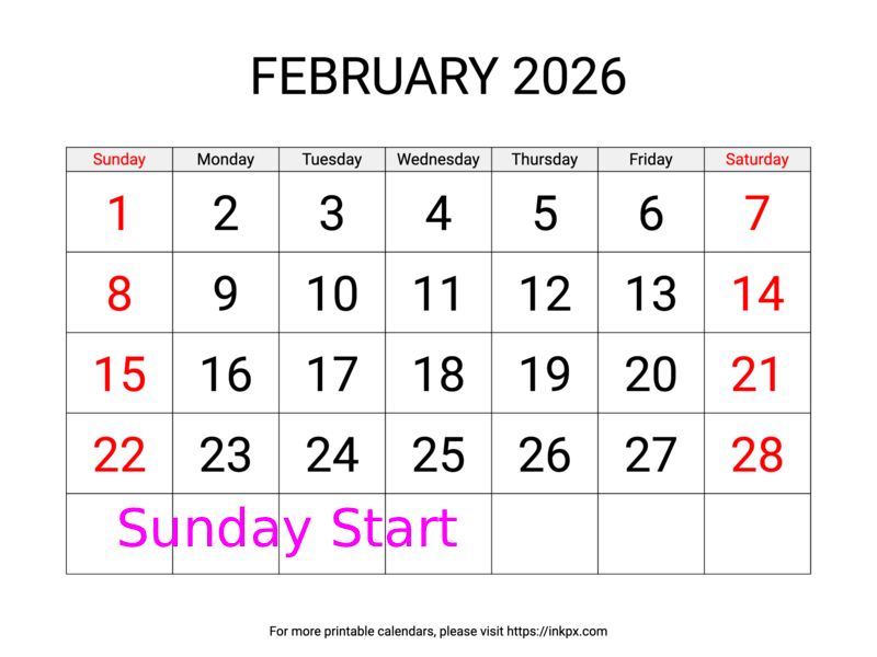 Free Printable Large Weekend Highlighted February 2026 Calendar (Sunday Start)
