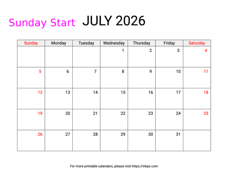 Free Printable Weekend Highlighted July 2026 Calendar (Sunday Start)