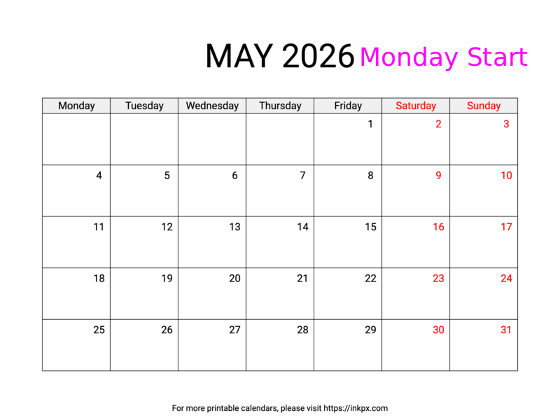 Free Printable Weekend Highlighted May 2026 Calendar (Monday Start)