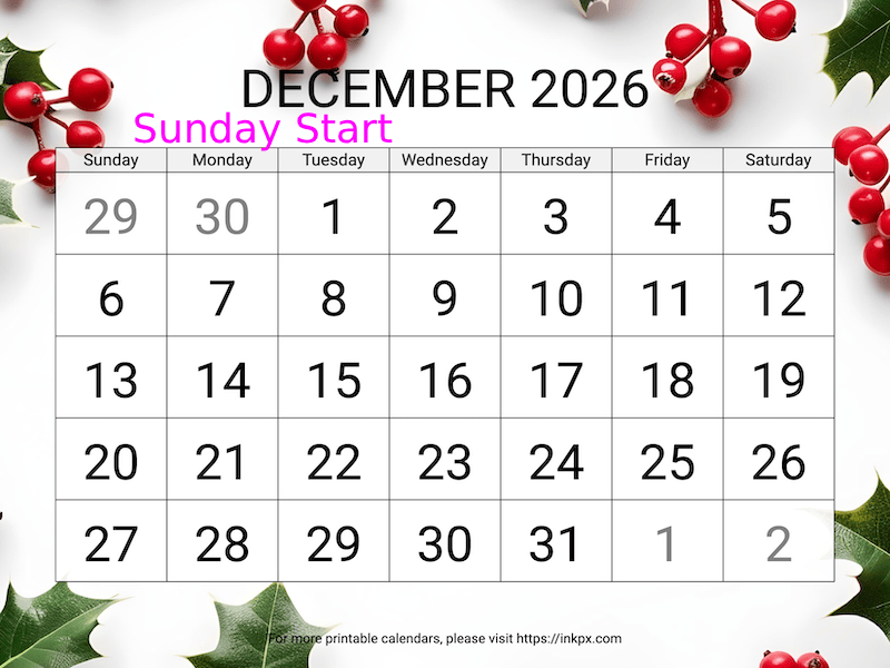 Free Printable Large Holly Background December 2026 Calendar (Sunday Start)