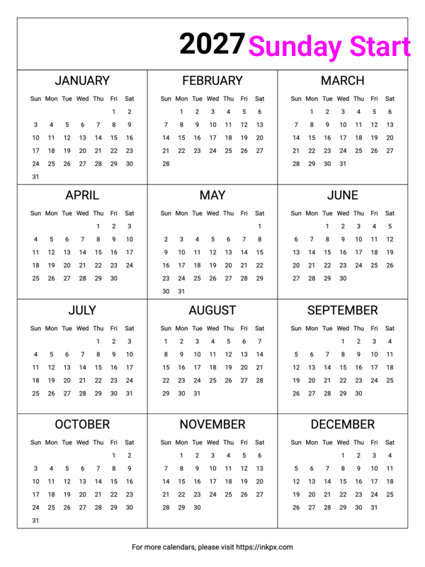 Free Printable Minimalist Table 2027 Calendar (Sunday Start)