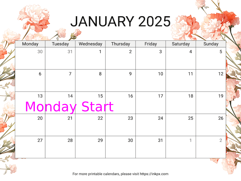 Free Printable Carnation January 2025 Calendar (Monday Start)