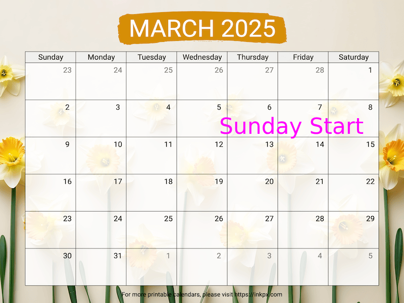 Free Printable Daffodil Background March 2025 Calendar (Sunday Start)