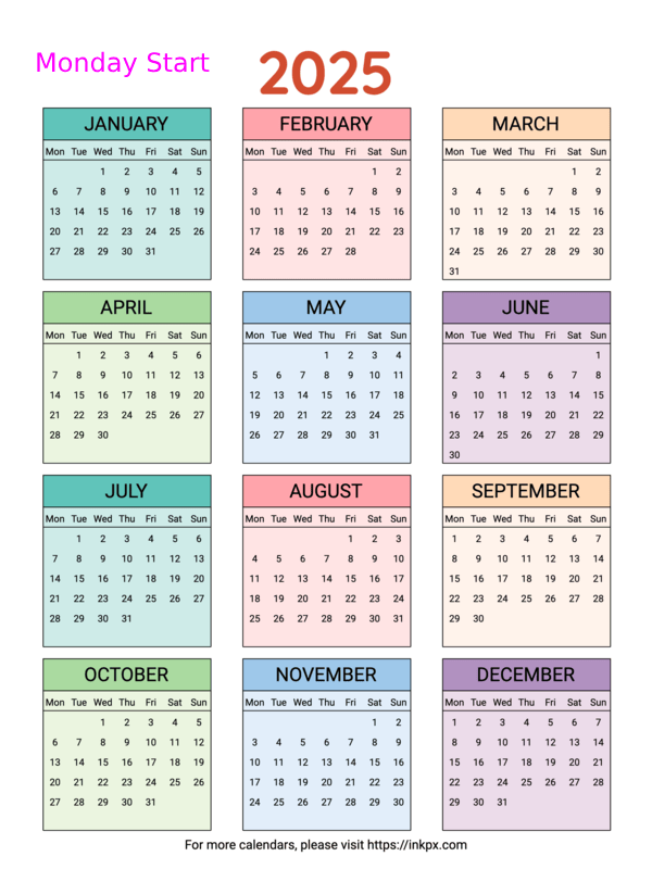 Free Printable Colorful Table 2025 Yearly Calendar (Monday Start) · InkPx