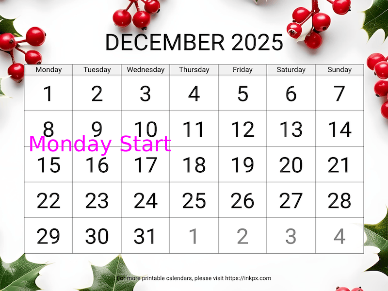 Free Printable Large Holly Background December 2025 Calendar (Monday Start)