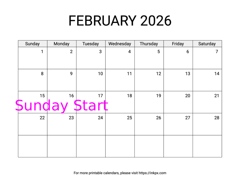 Free Printable Simple February 2026 Calendar (Sunday Start)