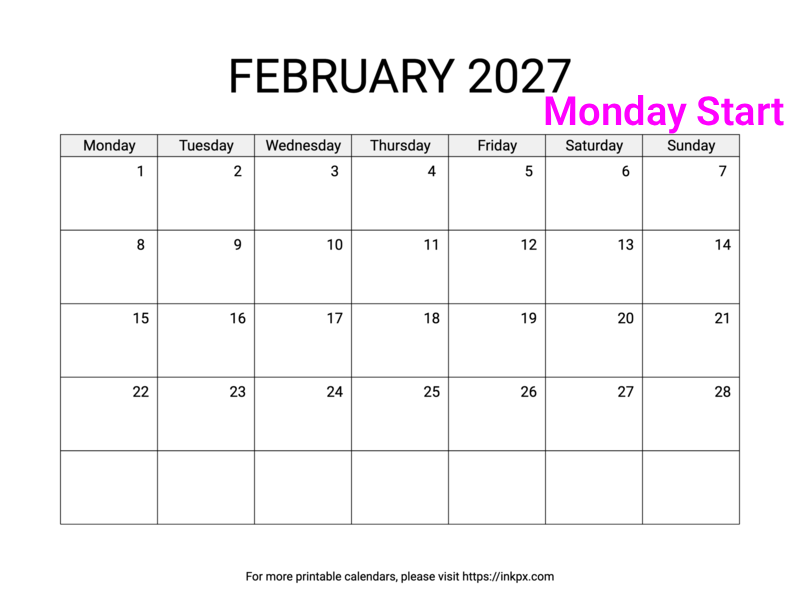 Free Printable Simple February 2027 Calendar (Monday Start)