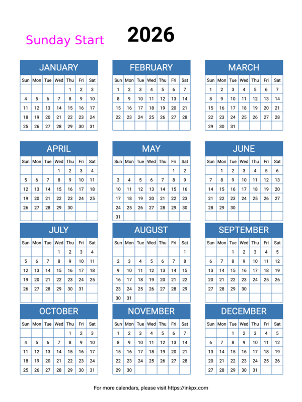 Free Printable Minimalist Blue Table 2026 Yearly Calendar (Sunday Start)
