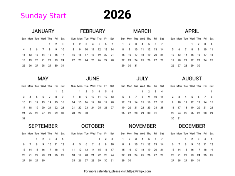 Free Printable Minimalist 2026 Yearly Calendar (Landscape, Sunday Start)