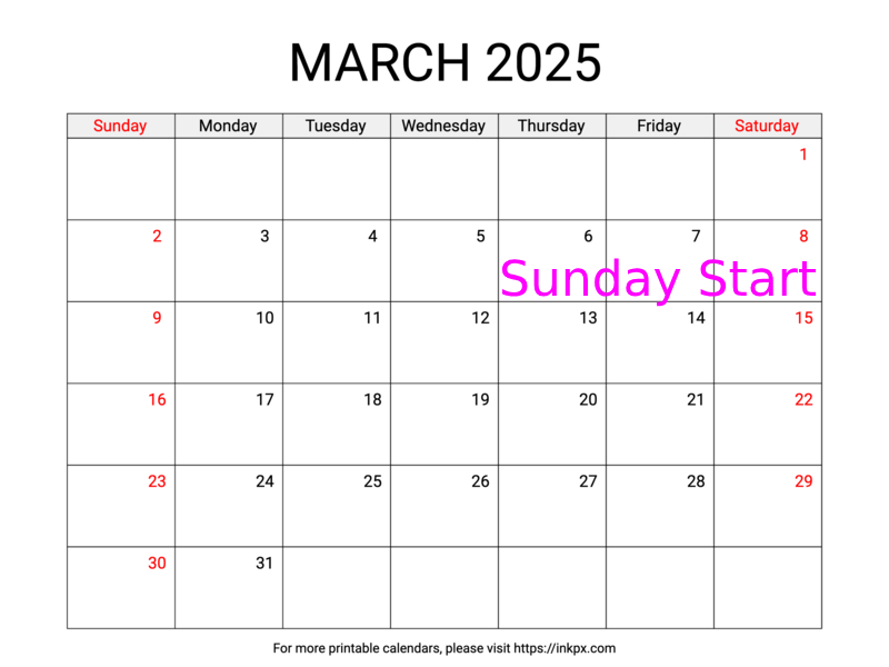 Free Printable Weekend Highlighted March 2025 Calendar (Sunday Start)