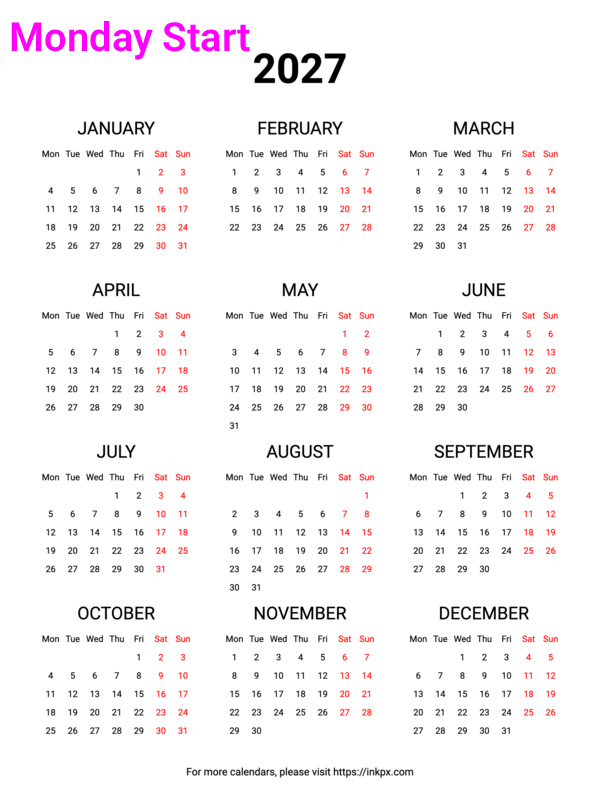 Free Printable Weekend Highlight 2027 Calendar (Monday Start)