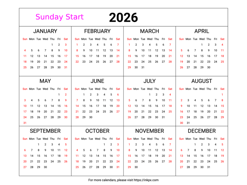 Free Printable Weekend Highlight Table 2026 Calendar (Landscape, Sunday First)