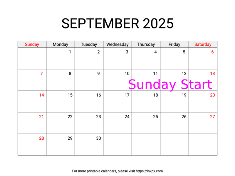 Free Printable Weekend Highlighted September 2025 Calendar (Sunday Start)