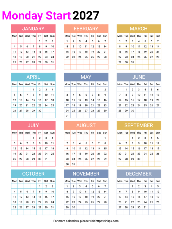 Free Printable Minimalist Colorful 2027 Yearly Calendar (Monday Start)
