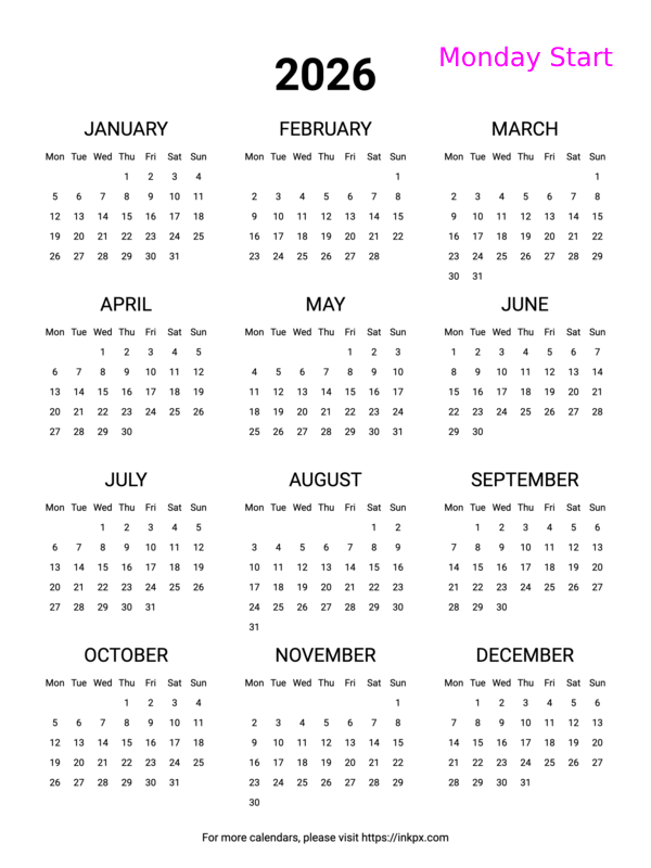 Free Printable Minimalist 2026 Yearly Calendar (Monday Start)