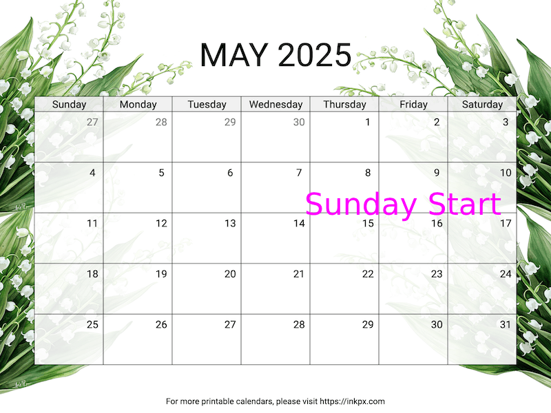 Free Printable Lily of the Valley May 2025 Calendar (Sunday Start)