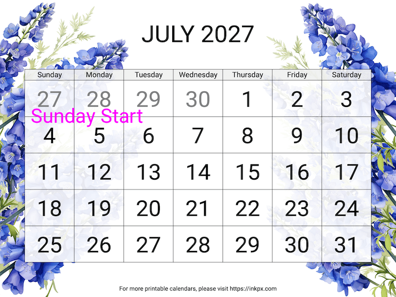 Free Printable Large Font Delphinium July 2027 Calendar (Sunday Start)