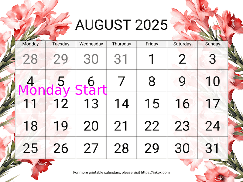 Free Printable Large Gladiolus August 2025 Calendar (Monday Start)