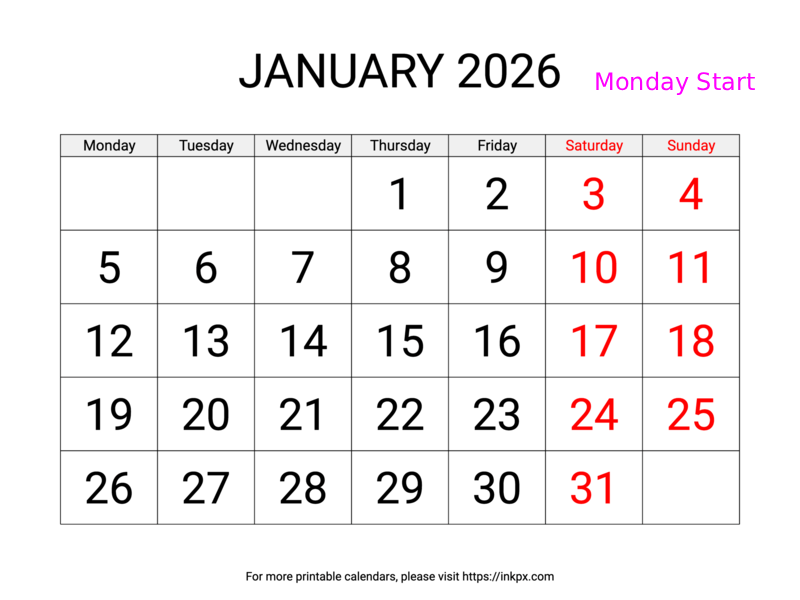 Free Printable Large Weekend Highlighted January 2026 Calendar (Monday Start)
